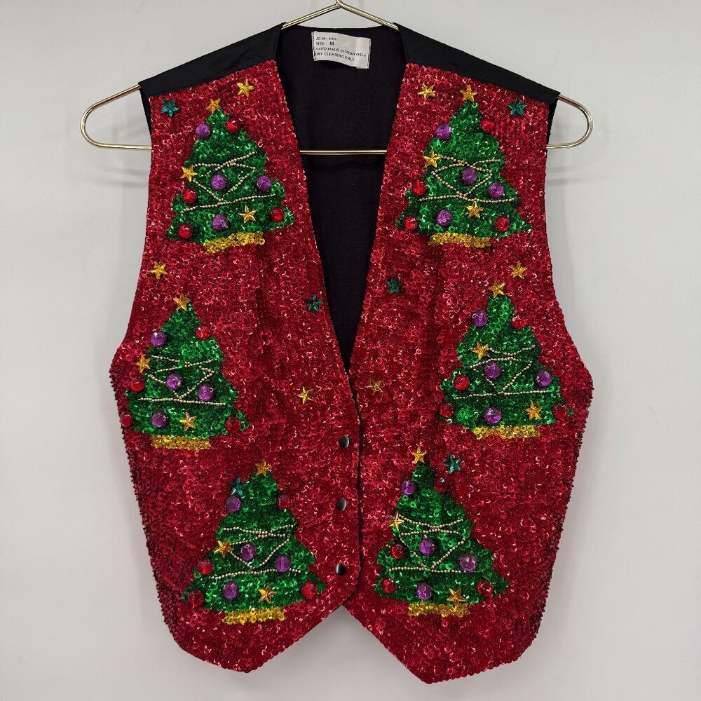 JC Brand Vintage 001 USA Holiday Sequin Christmas Tree Vest Women’s M Handmade